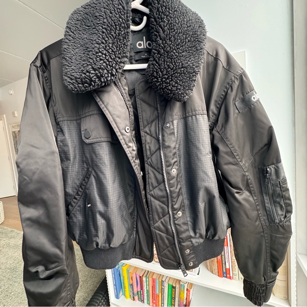 Alo Black Bomber Jacket with Shearling Collar